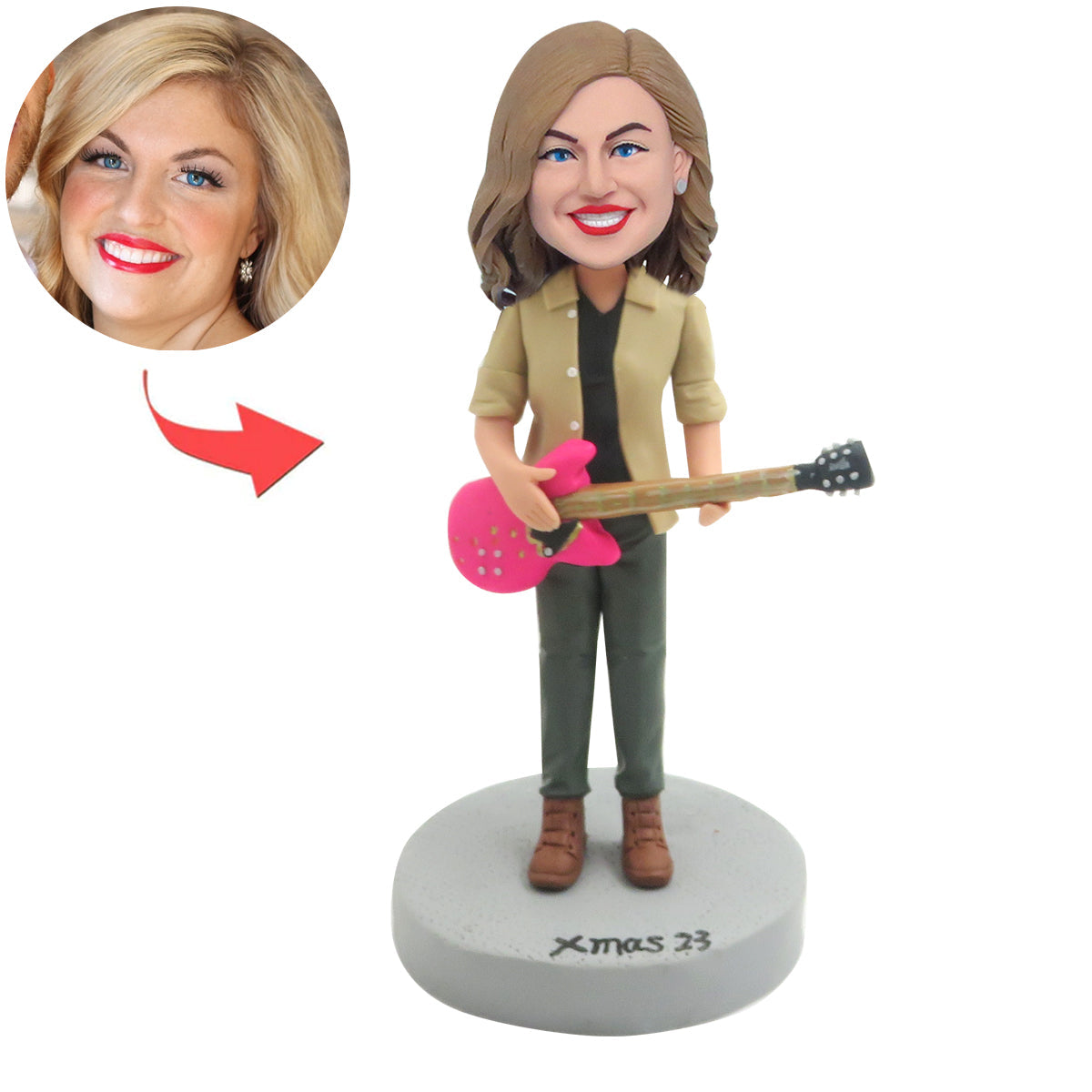 Niestandardowa kobieca figurka Bobblehead z różową gitarą