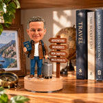 Personalizowany, wykonywany na zamówienie bobblehead na emeryturę o tematyce podróżnej z obrotową podstawą muzyczną 360°