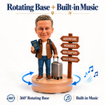 Personalizowany, wykonywany na zamówienie bobblehead na emeryturę o tematyce podróżnej z obrotową podstawą muzyczną 360°