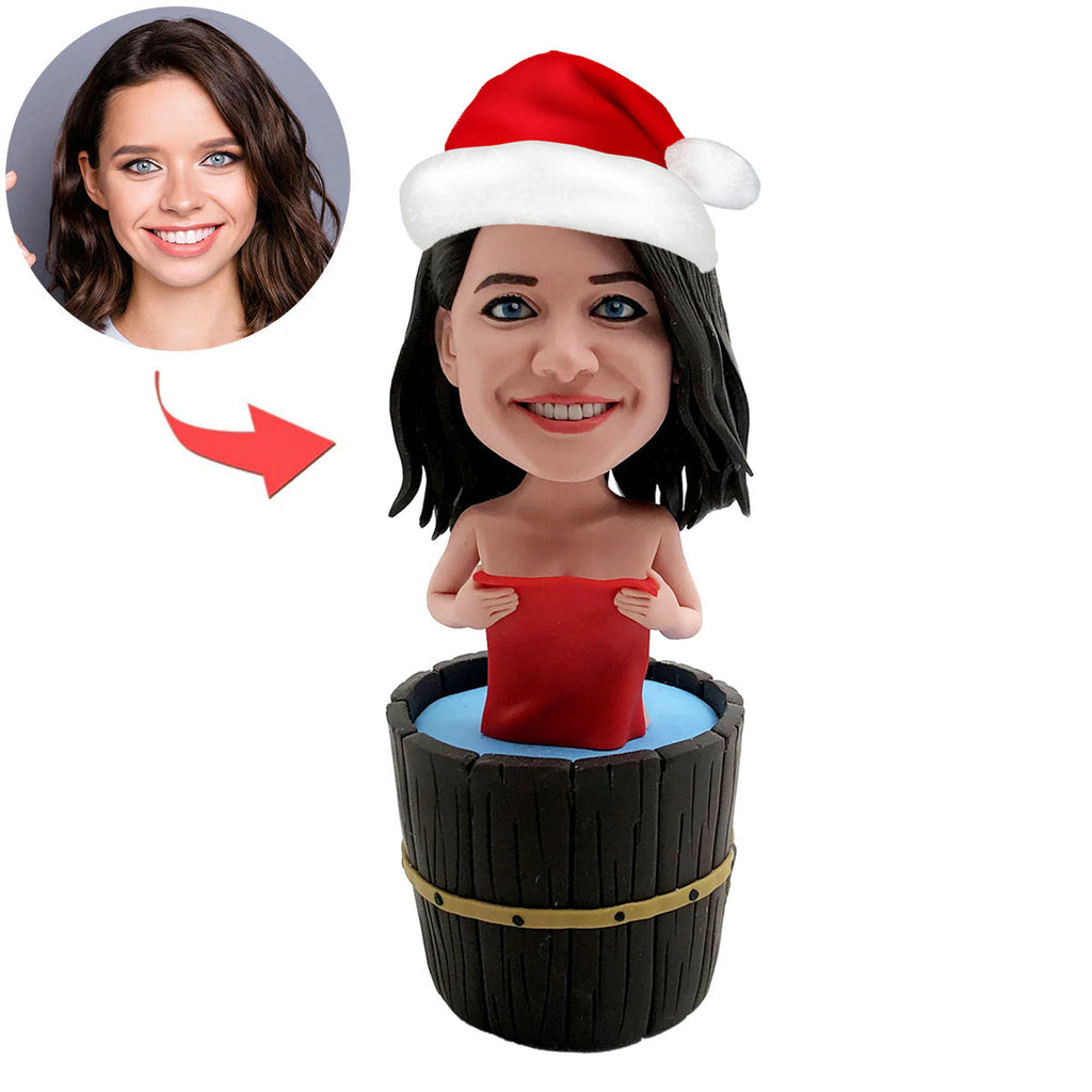 Niestandardowa kobieta Bobblehead kąpiąca się z kapeluszem Świętego Mikołaja